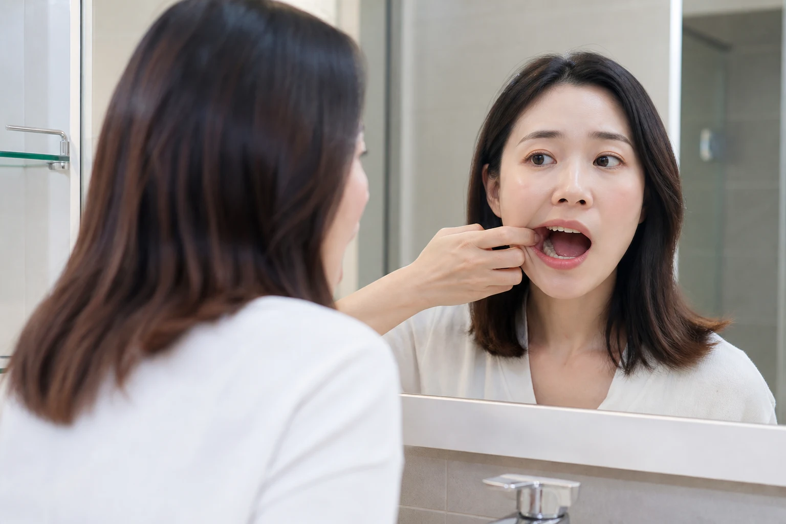 거울로 어금니를 살펴보는 모습